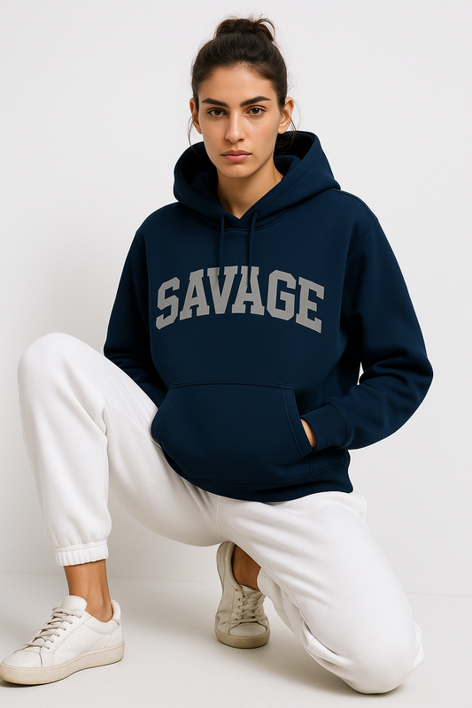 SAVAGE Hoodie – Navy Blue Embroidered Hoodie | 430 GSM | Made in Italy