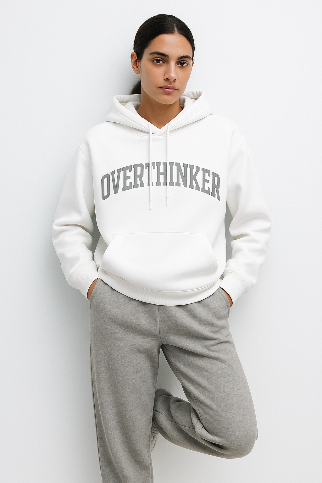 OVERTHINKER Hoodie – Minimal White 430 GSM Embroidered Hoodie | Made in Italy