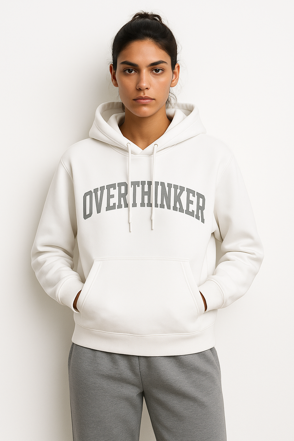 OVERTHINKER Hoodie – Minimal White 430 GSM Embroidered Hoodie | Made in Italy